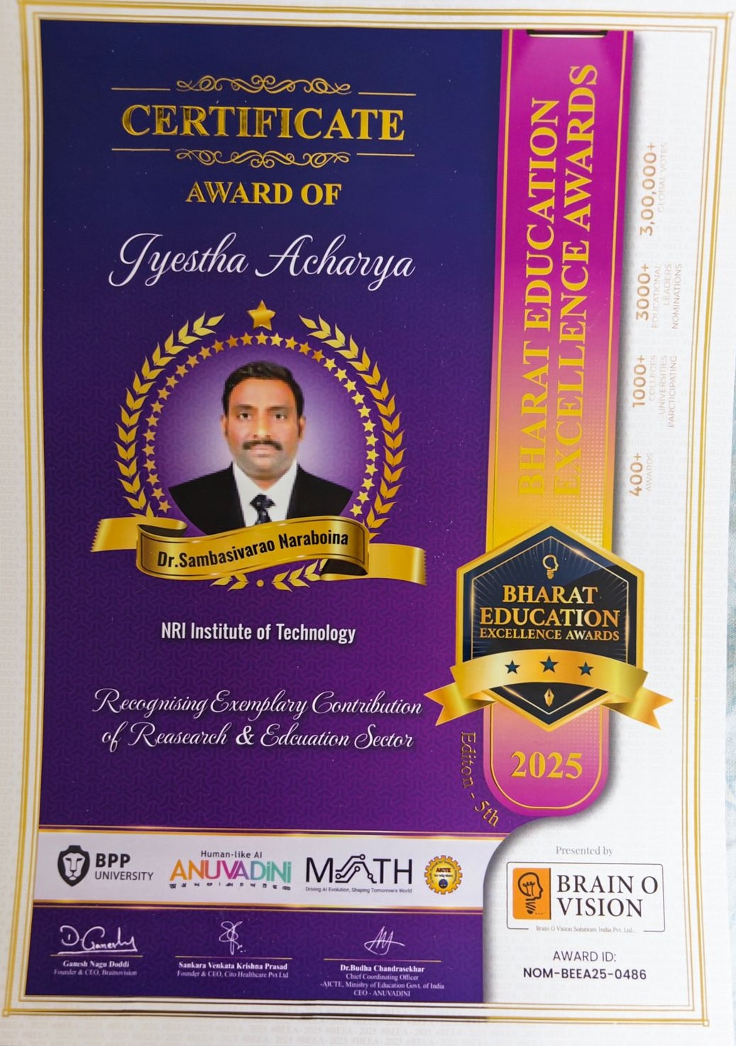 Certificate of Bharath Education Excellence Award