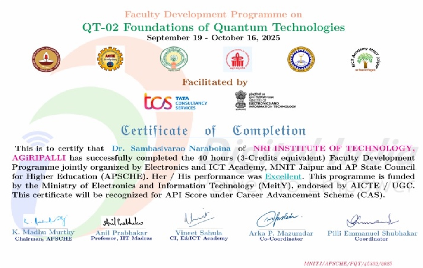 Dr.NSR Quantum technologies FDP Certificate